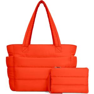 TOPDesign Puffer Tote Bag for Women, Lightweight Puffy Handbag with Compartments, Quilted Shoulder Bag for Work, Travel, Gym (Medium, Red Orange)