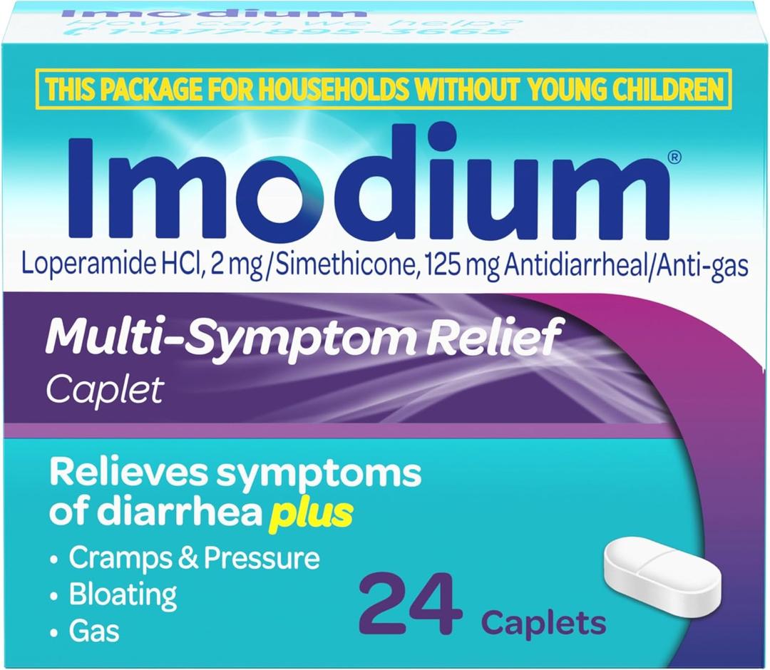 4 x Imodium Multi-Symptom Relief Caplets with Loperamide Hydrochloride & Simethicone, Anti-Diarrheal Medicine for Treatment of Diarrhea, Gas, Bloating, Cramps & Pressure, Easier to Open, 24 ct