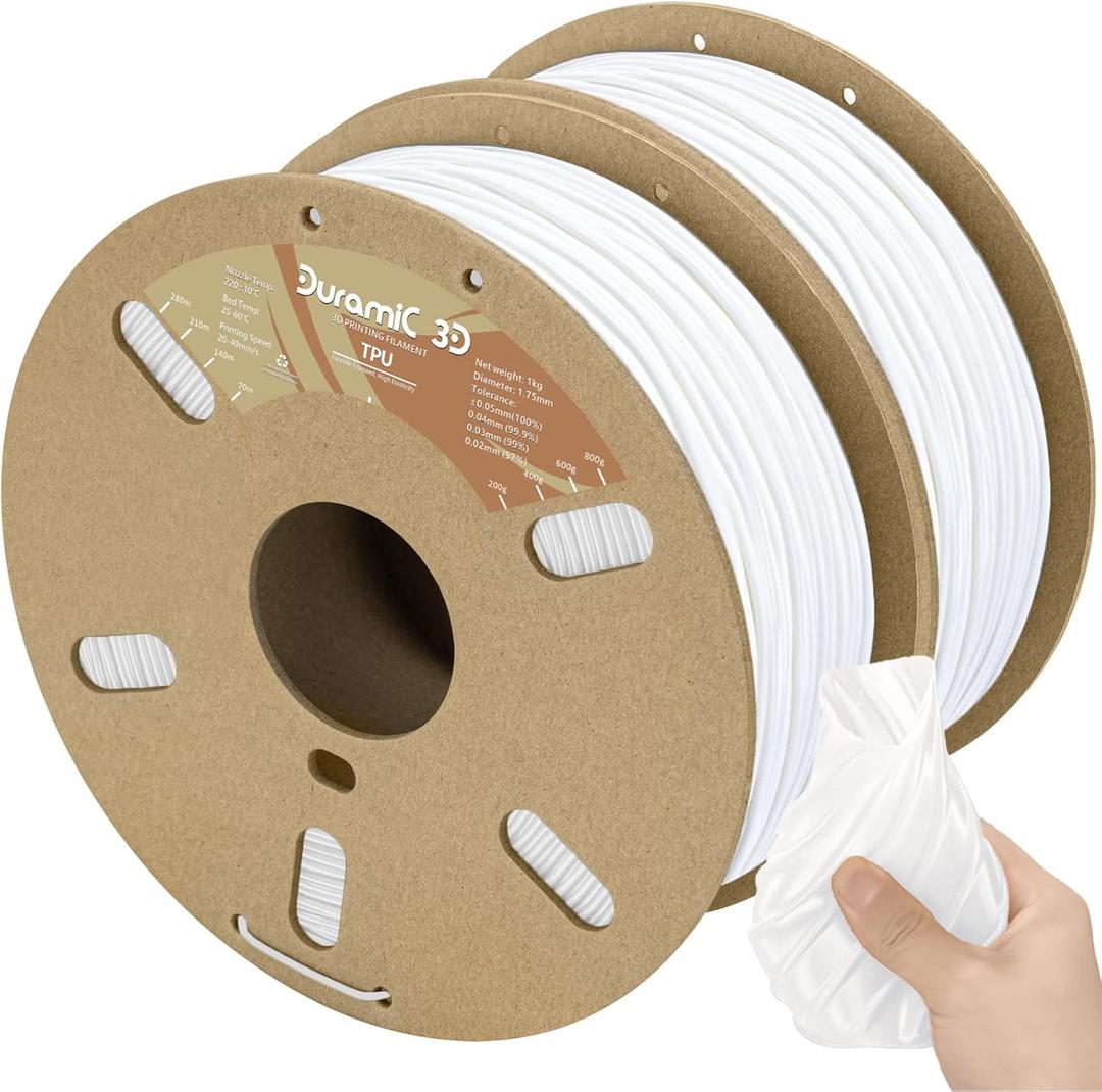 DURAMIC 3D TPU Filament 1.75mm White, TPU Flexible Filament 95A, Soft TPU 3D Printing Filament, 1kg Spool, Dimensional Accuracy +/- 0.05mm, White 2 Pack