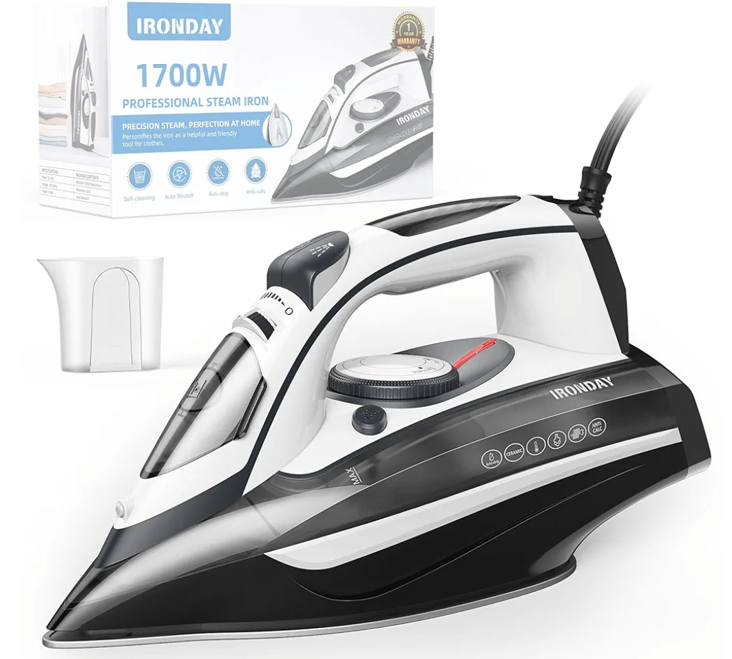 Steam Iron for Clothes Rapid Heating, 1700W Iron with Non-Stick Ceramic Soleplate, 3-Way Auto-Off, Burst of Steam, Self-Cleaning, 14.07oz Water Tank Ironing Clothes for Home, Grey ( Missing cup)