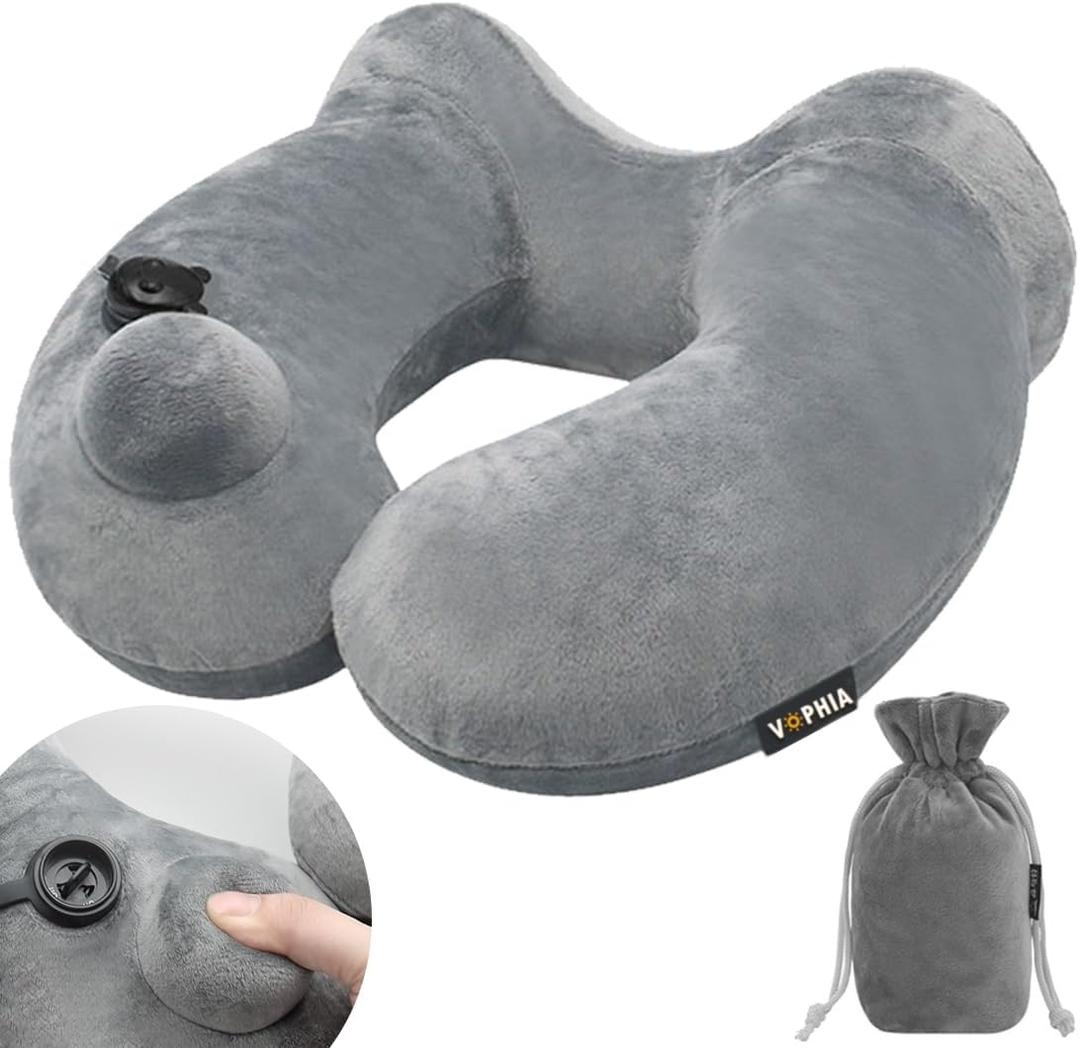 1 Pack Inflatable Travel Neck Pillow with Compact Bag and Washable Cover for Sleeping Airplane Soft Velvet Pillow for Long Flight Neck Cushion for Head Support Car Home Office (Grey 1pack)
