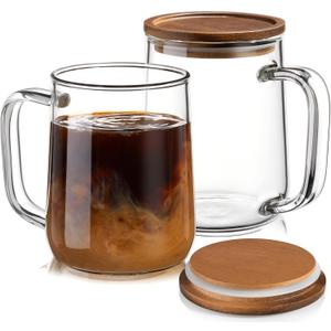 Glass Coffee Mugs, 16 oz Glass Coffee Cups with Acacia Wood Lids, Clear Borosilicate Glass Mugs with Handles for Cappuccino, Tea, Latte, Hot/Cold Beverages, Wine, Americano, Set of 2