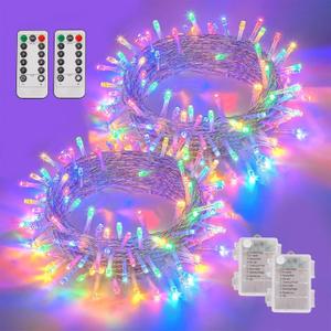 YEGUO Christmas Lights Battery Operated, 2 Pack Each 33ft 100 LED Multicolor String Lights Outdoor Waterproof,8 Modes Clear Wire Fairy Light Indoor with Remote