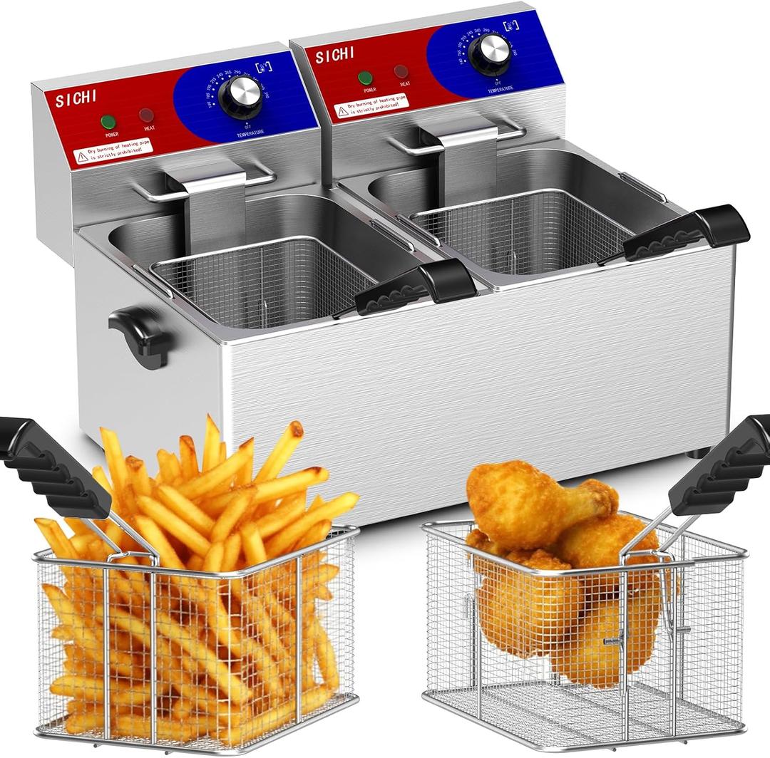 Commercial Deep Fryer - 26 L Large Deep Fryer with 10 L Basket, Commercial Deep Fryer with Basket (2Pcs), Stainless Steel Countertop Deep Fryer w/Adjustable Temperature and Restaurant Use