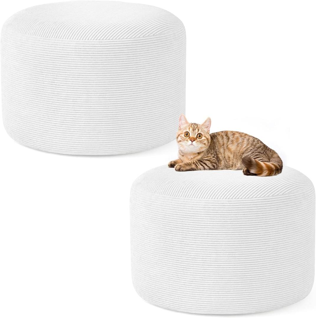 2PCS 20 * 20 * 12inch Unstuffed Ottoman Pouf Cover Unfillable Pouf Cover Foot Rest with Storage Corduroy Round Foot Stool Covers for Living Room Bedroom Home Decor,White