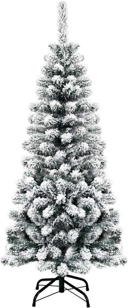 4.5Ft Snow Flocked Artificial Pencil Christmas Tree, Unlit Hinged Pine Tree w/ 242 Branch Tips, Artificial Xmas Tree for Home, Office, Party Decoration