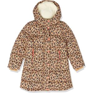 Amazon Essentials Girls' Long Heavyweight Hooded Puffer Jacket, Camel Cheetah Print, Medium