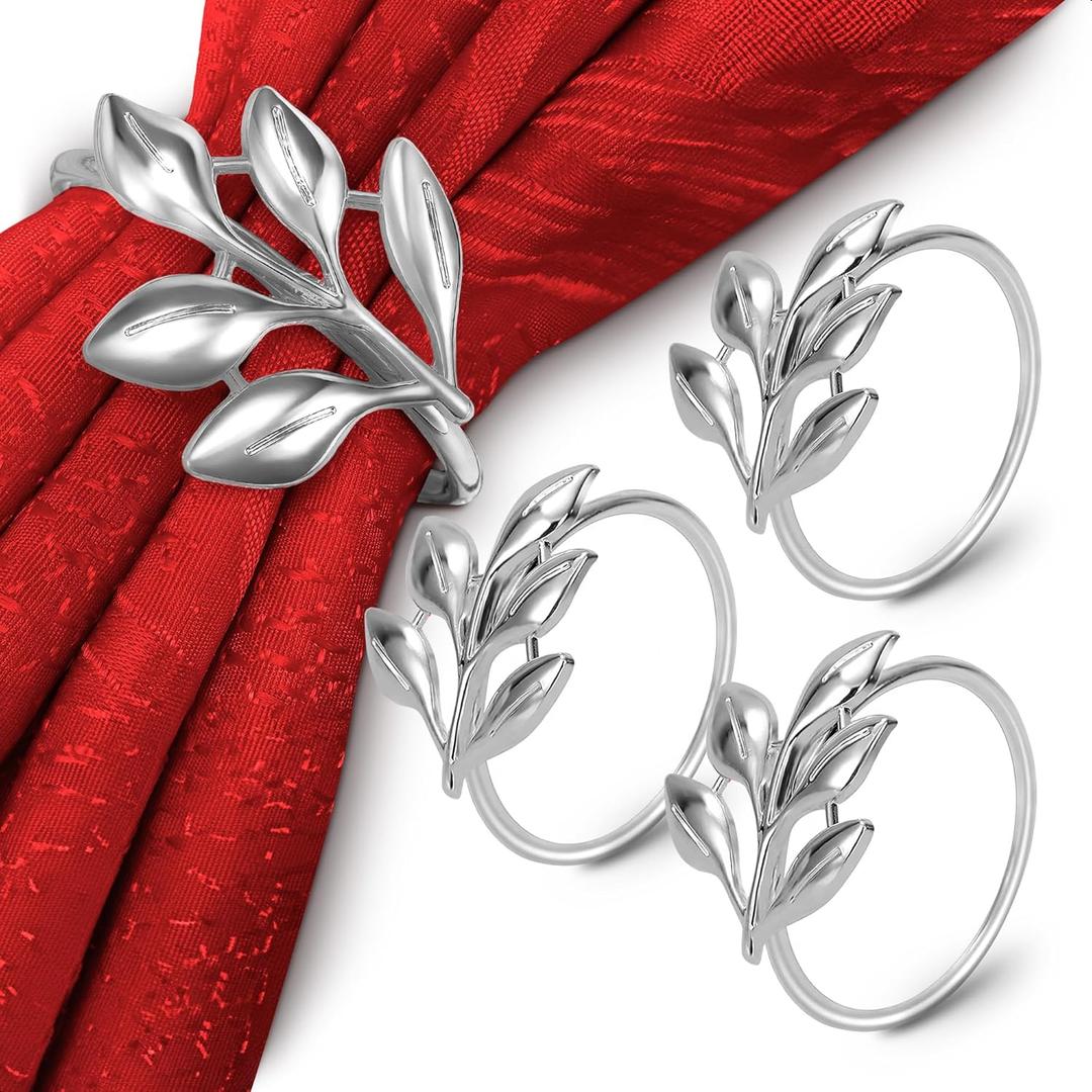 Set of 20 Silver Valentine Napkin Rings - Decorative Silver Napkin Rings Set | Napkin Ring Holders with Elegant Leaf Design for Weddings, Parties & Special Occasions, Romantic Valentine Table Decor