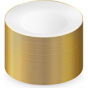 Munfix 100 Gold Plastic Plates Set, 10.25 Inch Disposable Dinner Plates, Elegant Fancy Heavy Duty for Party, Wedding, White with Gold Rim