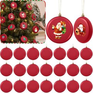 24 Pcs 4 Inch DIY Christmas Ornaments Red Blank Ball Ornament Xmas Plastic Matte Flat Discs Christmas Tree Hanging Ornament Decorations DIY Crafts Painting Drawing Stickers Decals