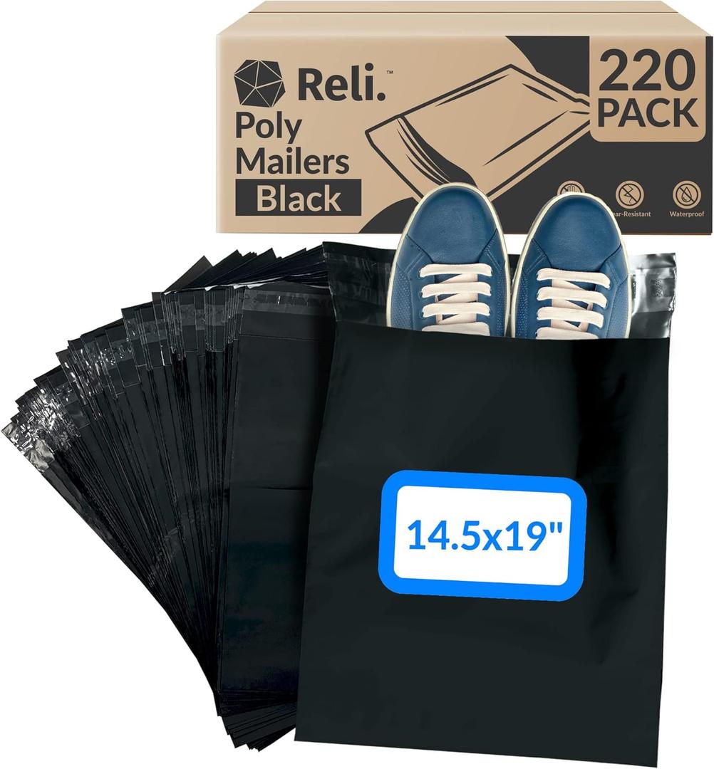 Reli. (220 Pcs) 14.5x19" Black Poly Mailers | Shipping Bags for Small Business | Black Mailing Bags for Shipping | Packaging for Clothing | Non-Padded Envelopes/Polybag, Self Sealing