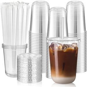 Qeirudu 100 Pack 16 oz Round Bottom Clear Plastic Cups with Lids and Straws, Disposable Iced Coffee Cups To Go Cups for Cold Drinks, Smoothie, Juice, Milkshake