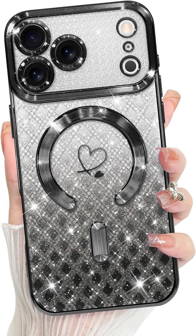 Bonoma Compatible with iPhone 17 Pro Max Case 2025 Support for MagSafe, Plating Heart Glitter Magnetic Checkered Case TPU Camera Protection Back Cover for Girls Women -Black
