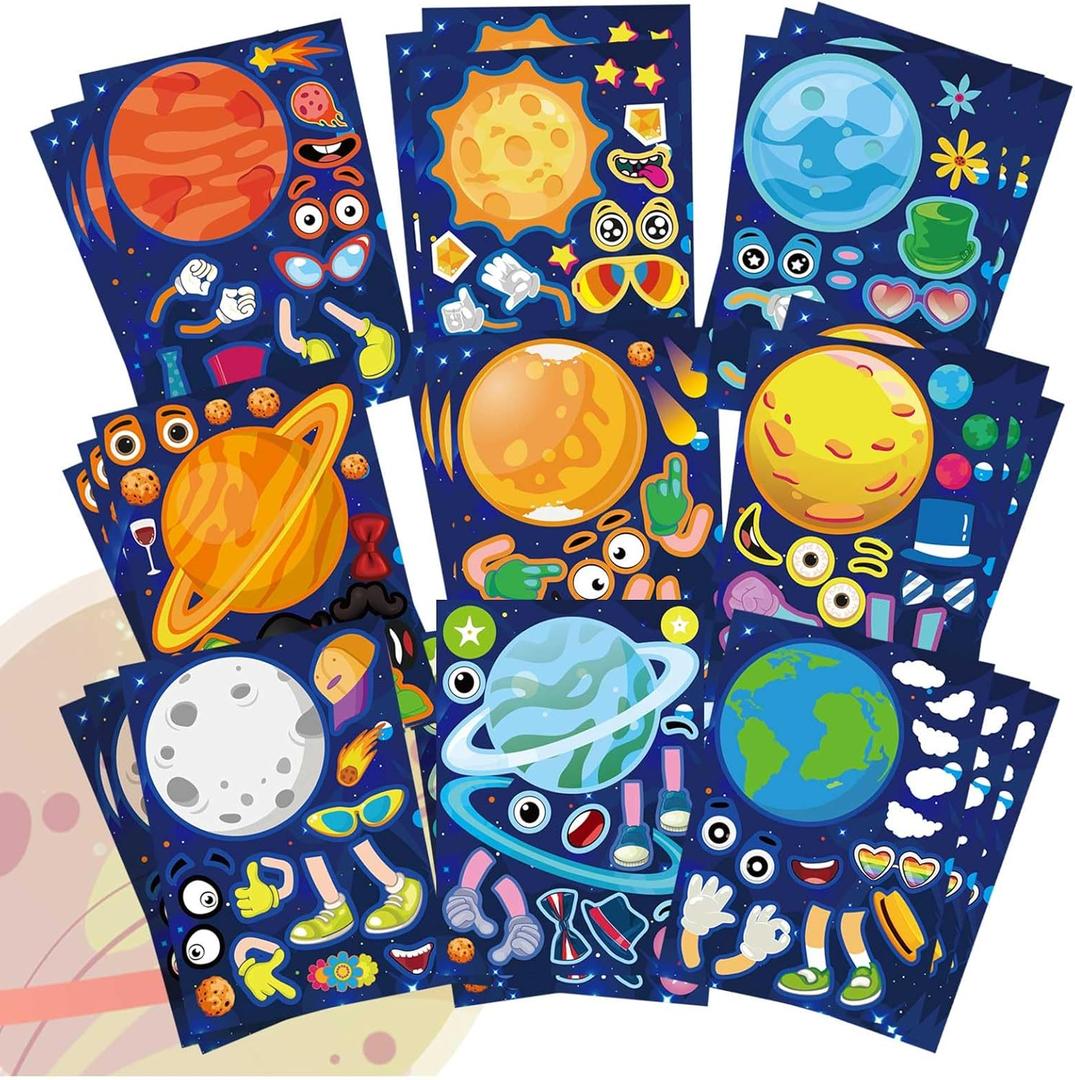 27 Sheets Space Stickers Make Your Own Planet Stickers Games, Easy to Peel and Stick, Make a face Outer Space Sticker for Kids,9 Planets Solar System Birthday Party Favor Sticker for Kids