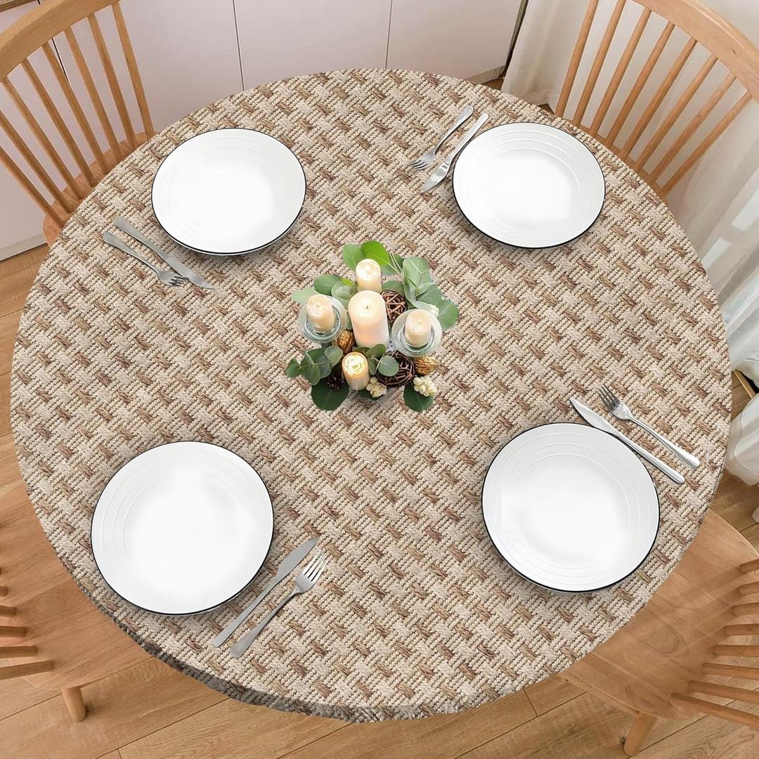 Weave Printed 42 Inch Round Fitted Cloth Tablecloth with Elastic Edged, Waterproof Oil Proof Wipeable Table Cover for Indoor Outdoor Patio Table, Fits Round Tables Up to 40" - 44" Diameter
