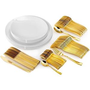 Trendables Disposable Plastic Plate Set with Cutlery - Silverware Set Includes 40 Plastic Plates, Forks, Spoons, Knives, Dessert Spoons