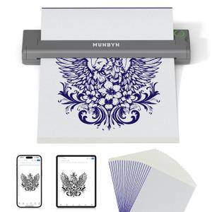 MUNBYN Tattoo Stencil Printer ITP05, Wireless Thermal Tattoo Printer with 20 Transfer Papers, Compatible with Android and iOS Phone/Tablet & PC, Tattoo Printers for Tattoo Artists & Beginners(Gray)