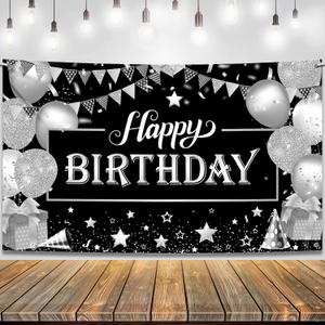 KatchOn, Black and Silver Happy Birthday Banner - 72x44 Inch | Backdrop Banner for Happy Birthday Decorations | Birthday Party Decorations for Women, Men | Happy Birthday Backdrop, Happy Birthday Sign