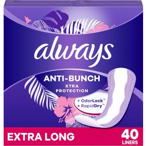 Always Anti-Bunch Xtra Protection Daily Liners Extra Long Unscented, Anti Bunch Helps You Feel Comfortable, 40 Count