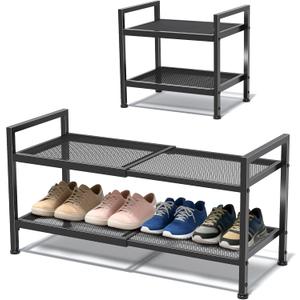 2 Tier Shoe Rack, Expandable Shoe Rack for Closet, Adjustable Shoe Organizer for Entryway, Shoe Storage Organizer for Door Entrance, Garage, Bedroom (Black)