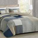 Chezmoi Collection Addy 3-Piece Navy Blue White Gray Taupe Plaid Patchwork Quilt Set - Pre-Washed Cotton Quiltd Lightweight Reversible Bedspread for All Seasons, Oversized King Size