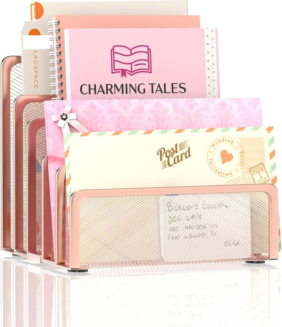 Mail Organizer Countertop with 5 Slot, Metal Mail Holder for Desk, File Holder Letter Sorter for Envelope, Bill and Document (Rose Gold)