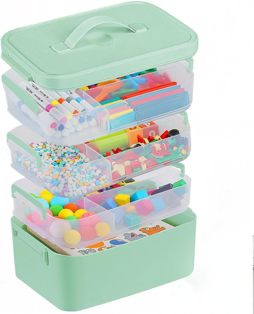 4-Layer Plastic Craft Organizers and Storage Box with Removable Trays, Storage Containers with lids and Handle, Art Supply Storage Organizer for Organizing Bead, Sewing, ToolGreen