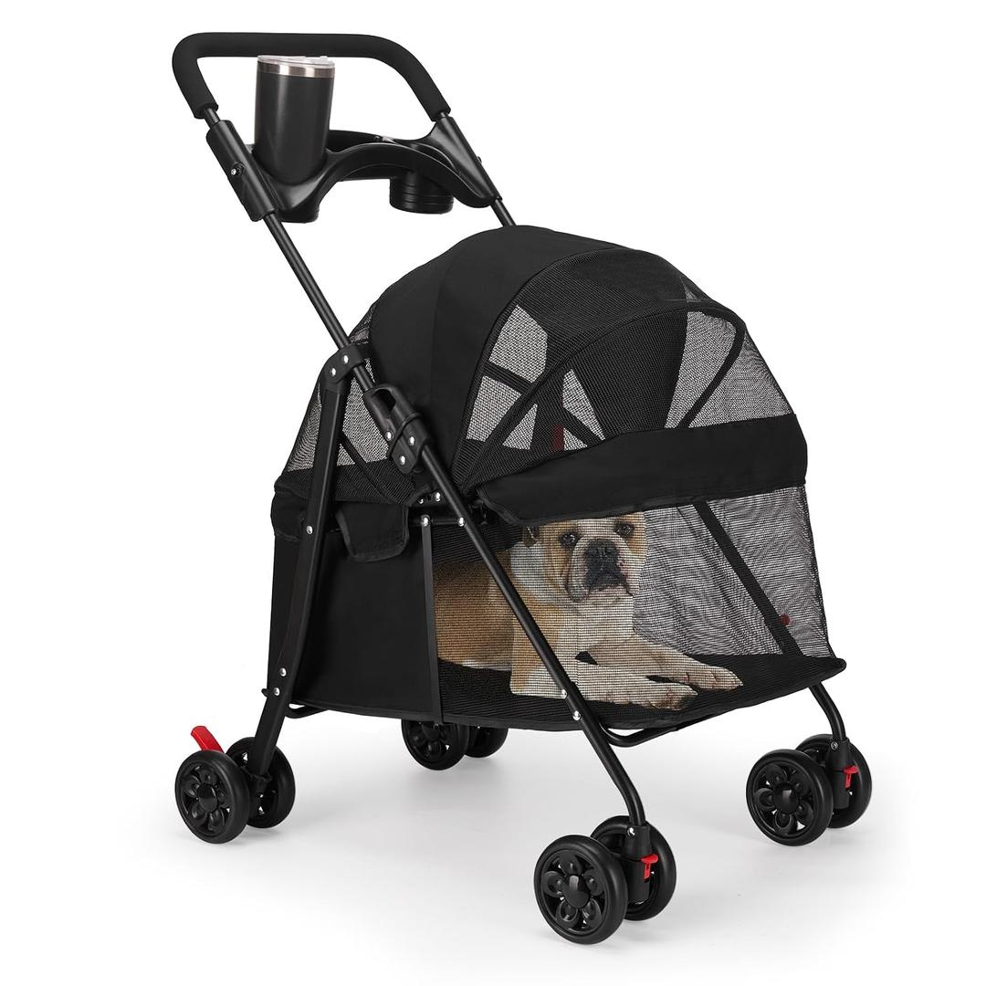 Foldable Pet Stroller for Small/Medium Dogs & Cats up to 22 lbs - Lightweight 4-Wheel Design with Sun Canopy, Storage Basket & Breathable Mesh Windows（Black)
