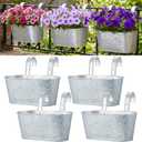 Hicarer Metal Hanging Flower Pots for Railing Fence, Large Hanging Rail Planters for Outdoor Window Balcony Plants Holder with Hooks for Garden Yard Home Decor(Silver,4 Pcs)