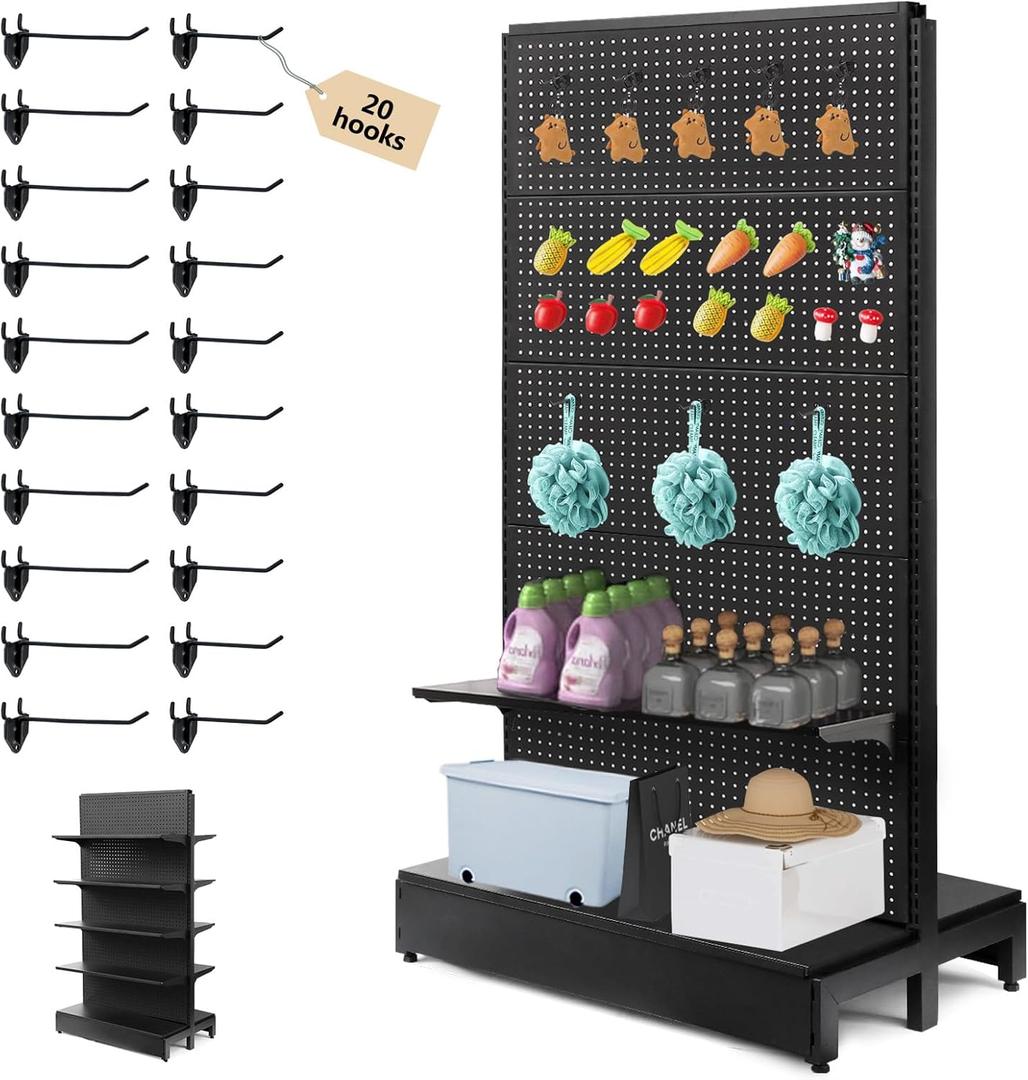 Pegboard Display Stand, Gondola Shelf Display for Convenient Grocery Office Supply or Liquor Stores, Standing Pegboard Display Two Sides Peg Board Panels, 20 Pieces Hooks (1 Unit Black-2 Sides)