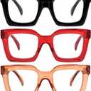 REAVEE 3 Pack Thick Frame Oversized Reading Glasses for Women Blue Light Blocking Computer stylish Readers with Spring Hinge (Black + Red + Brown)