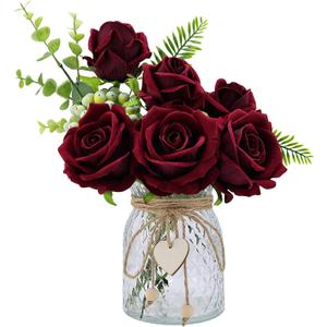 Fake Flowers with Vase, Artificial Velvet Roses Faux Plant Flower Arrangement Suitable for Home Office Living Room Kitchen Decoration, Coffee Table Dining Table Centerpiece Decor (Burgundy)