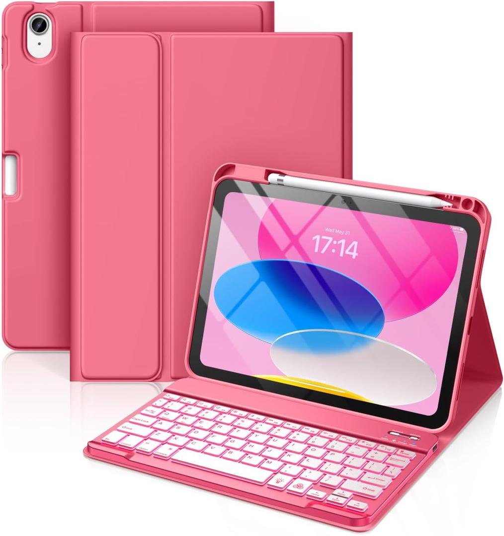 Hamile for iPad 11th 10th Generation Case with Keyboard - 7 Colors Backlit Wireless Detachable Folio Keyboard Cover with Pencil Holder for iPad 11-inch A16 2025 10th Gen 10.9 Inch 2022 (Pink)