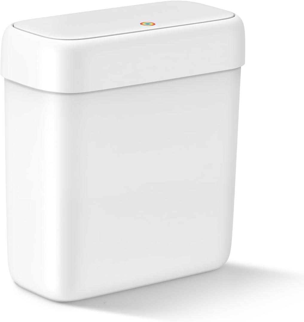 MOPALL Small Bathroom Trash Can with Lid, 2.6 Gallons / 10 L Slim Plastic Garbage Bin with PopUp Lid, Mini Waste Basket Can Dog Proof for Kitchen, Bedroom, Office, Laundry, Toilet, Rv, White