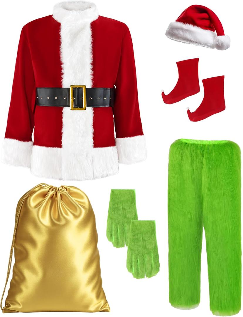 Christmas Green Furry Monster Santa Costume for Men 8 PCS Deluxe Adult Santa Suit Xmas Holiday Outfit Set Include Mask L