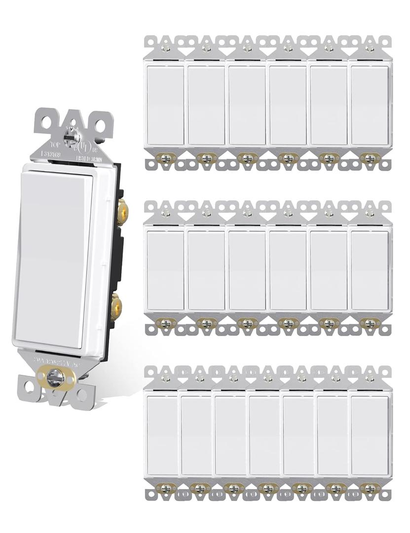 AIDA 20 Pack Light Switch Single Pole Light Switch Square Rocker Switch Decora Switches White, 15 Amp Self-grounding Electrical Light Switches, Residential Grade, UL Listed Glossy White