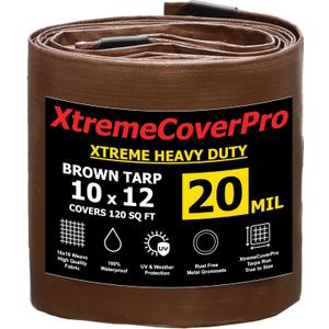 10' x 12' Brown Super Ultra Heavy-Duty Tarp  20 Mil Waterproof & UV-Resistant 10x12 - Large Outdoor Tarp, Waterproof Cover for Rain Camping, Tent, UV Protection, Reinforced Corners