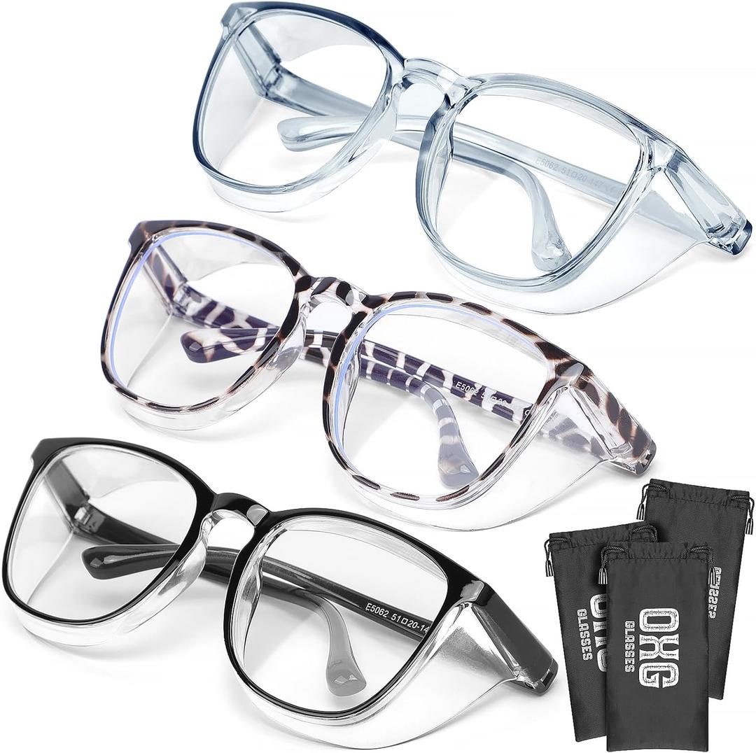 OXG 3 Pack Stylish Safety Glasses, ANSI Z87+ Anti Fog Safety Goggles Blue Light Blocking Protective Eyewear for Nurses (Leopard+black+olive Green)