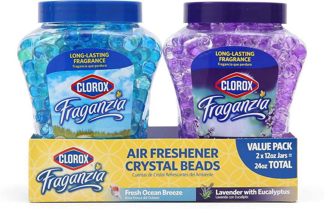 Clorox Fraganzia Crystal Beads Air Freshener Twin Pack, Fresh Ocean Breeze and Lavender with Eucalyptus Scents, Long Lasting Room Deodorizer Gel Beads, 12 Fl Oz Each - 2 Pack