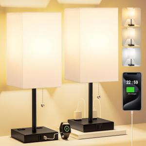 17.4In Tall Table Lamps for Bedroom Set of 2 - 3 Color Bedside Lamps with AC Outlets and USB Ports for Charging, white and Black Square Night Stand light, End DeskLamp for Living Room/Dorm/Office
