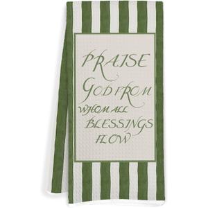 Christian Jesus Kitchen Towels, Green Striped Bible Verse Decorative Hand Tea Towels for Bathroom, Praise God from Whom All Blessings Flow Religious Dish Towel Dishcloth, 16x24 Inch