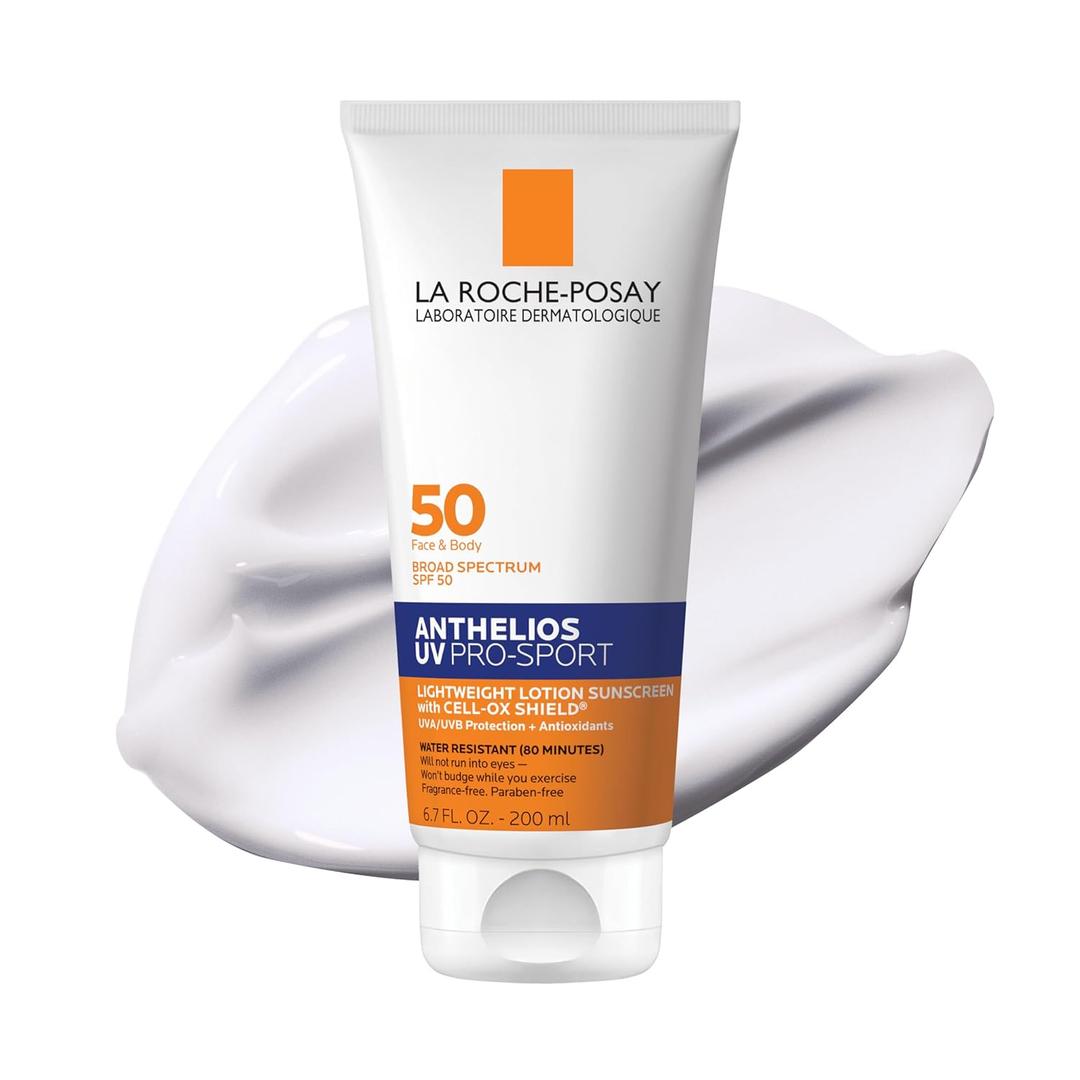 La Roche-Posay Anthelios UV Pro-Sport SPF 50 Sunscreen for Face & Body, Water & Sweat Resistant with Non-Drip Formula, Invisible Broad Spectrum Sunscreen Lotion, Lightweight & Breathable (6.76 Fl Oz (Pack of 1))