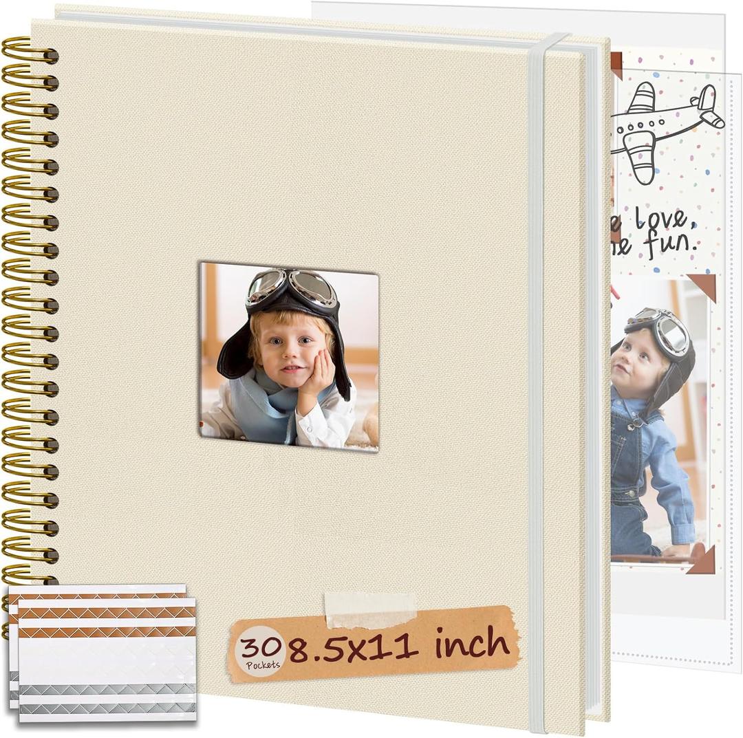 8.5x11 Inch Scrapbook Photo Album, Linen Cover DIY Scrapbooks with 30 Sheets Plastic Sleeves 60 Pages Memory Book for Wedding Birthday Baby Travel (Beige)