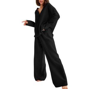 Womens Cotton Gauze Loungewear Sets Casual 2 Piece Sleepwear Button Down Shirt and Wide Leg Pants Outfits (X-Large, Black)