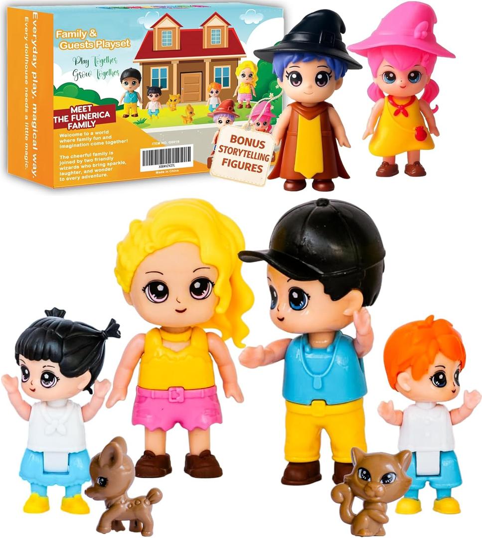 FUNERICA Dollhouse Family Figures & Pets  Poseable Family Dolls Set  Miniature Dollhouse People - Compatible Doll House Accessories for 1:12 & 1:24 Wooden & Plastic Dollhouses + Bonus Figures