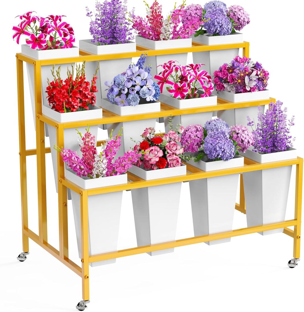 Asee'm Flower Display Stand With 12PCS Buckets 3 Tier Flower Cart Display Stand with Wheels Heavy Duty Moving Metal Plant Stand Flower Bar Flower Rack for Florist Indoor Outdoor Patio Garden Gold