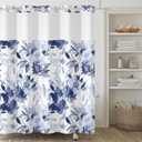 No Hook Shower Curtain,Blue Purple Flower Double-Layered Shower Curtain with Snap-in Liner and Weights,Blue Purple Floral Blooming Fabric Bath Curtain with See Through Mesh, 71x74in