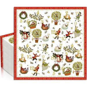 Epakh 100 Pcs 12 Days of Christmas Cocktail Napkins Disposable Paper Cocktail Decoupage Napkins Bulk Funny Guest Towel for Party Dinner Tableware Supplies