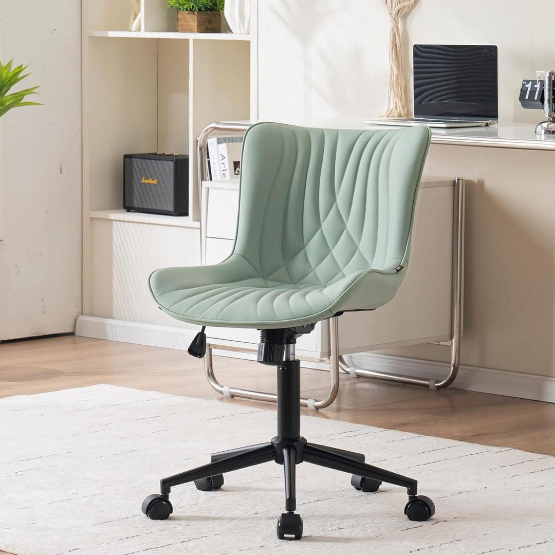 YOUNIKE Office Chair, Armless Desk Chair with Wheels, Home Office Computer Task Chairs, Modern Faux Leather Padded Vanity Chair, Adjustable Swivel Rolling Office Chair with Back, Mint Seafoam Green