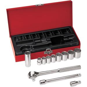 Klein Tools 65504 3/8-Inch Drive Socket Wrench Set, with 12-Point and 6-Point, and Spark Plug Sockets, 2 Extensions, Ratchet, Case, 12-Piece